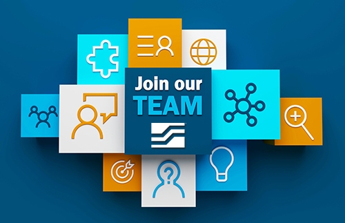 SES join our team graphic 3D render of top view of JOIN OUR TEAM business concept with symbols on colorful cubes on dark blue background